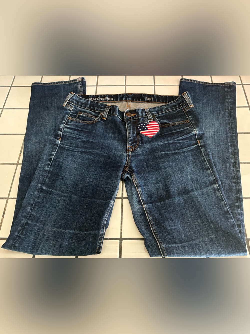 J Crew Dark Blue Women's Jeans with American Flag Heart Patch Matchstick 30R
